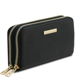 Double zip Around Leather Wallet