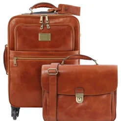 4 Wheels Leather Trolley and Leather TL SMART Laptop Briefcase