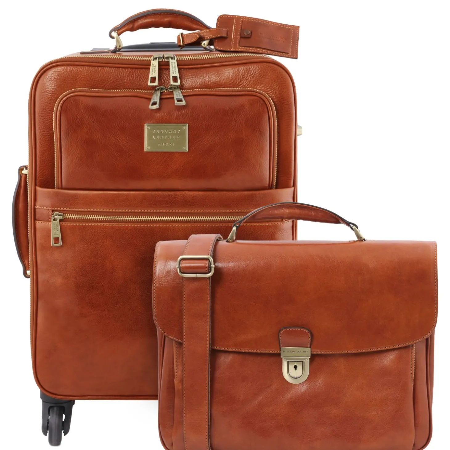 4 Wheels Leather Trolley and Leather TL SMART Laptop Briefcase